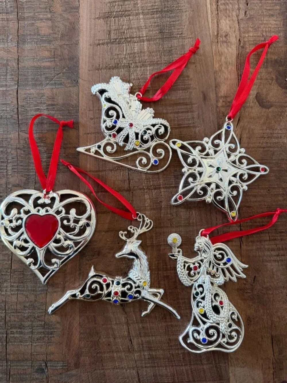 Lenox Sparkle & Scroll Multi-Crystal Ornament Collection Set Of 5 Silver Plated